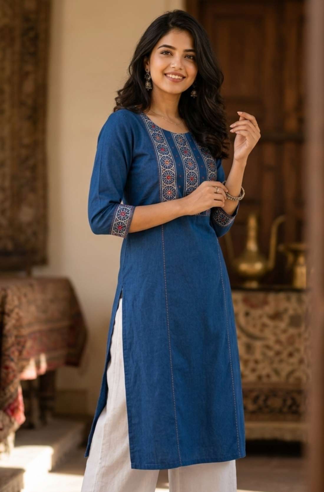 Full-length indigo pure cotton hand block print kurta paired with white trousers, suitable for office and everyday wear.