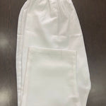 Full view of women's white straight-fit cotton pants with an elastic waistband, ankle-length design, and soft breathable fabric, perfect for pairing with kurtis and ethnic outfits.