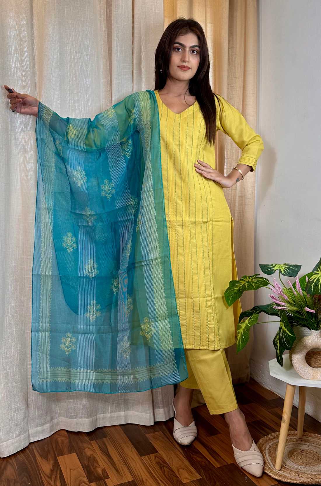 Yellow cotton pintucks kurta set with blue dupatta front full view