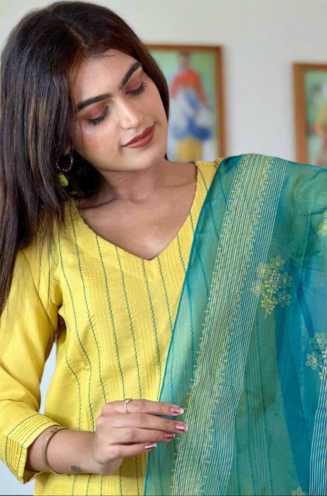 Model showing blue – dupatta from up close.