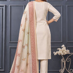 Back view of women’s beige 3-piece silk blend kurta set with matching pants and printed dupatta.