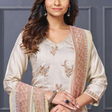 Front full length view of a model in a sophisticated beige silk 3 piece kurta set showcasing detailed embroidered scalloped edges and straight trousers