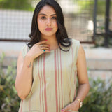Sleeveless beige striped A-line kurti – front view