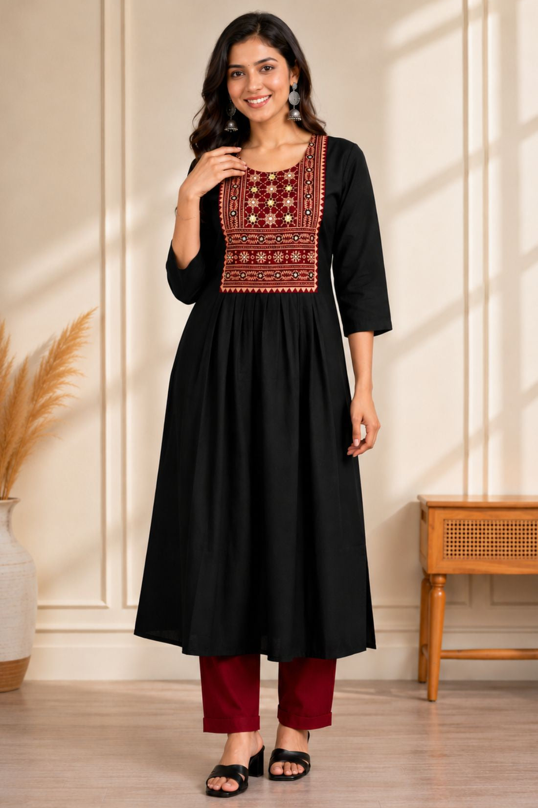 Black hand embroidered block print A-line rayon kurta for women with mirror work