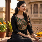 A woman sitting gracefully on a carpet in a black kurta with intricate mirror-work embroidery.
