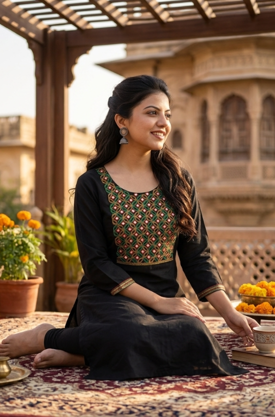 A woman sitting gracefully on a carpet in a black kurta with intricate mirror-work embroidery.