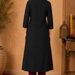 Full back view of black rayon A-line kurta showing the plain back, three-quarter sleeves and flared hem