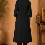 Full back view of black rayon A-line kurta showing the plain back, three-quarter sleeves and flared hem