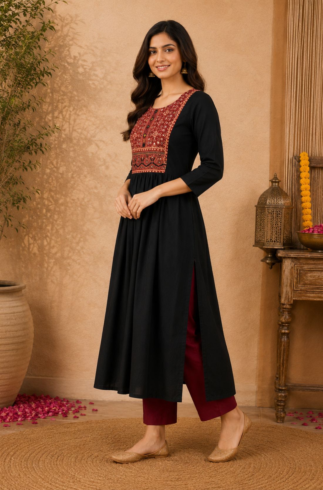 Side-angle view of black rayon A-line kurta with embroidered front yoke, three-quarter sleeves and flared hem