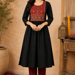Black Rayon A-LBlack rayon A-line kurta with hand embroidery, block print and mirror work, full front viewine Kurta – Flared Hem View