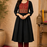 Black Rayon A-LBlack rayon A-line kurta with hand embroidery, block print and mirror work, full front viewine Kurta – Flared Hem View