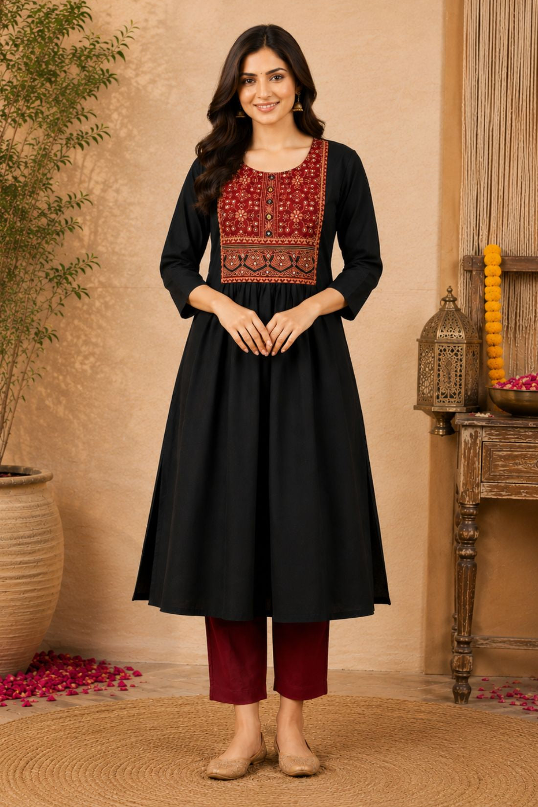 Black Rayon A-LBlack rayon A-line kurta with hand embroidery, block print and mirror work, full front viewine Kurta – Flared Hem View