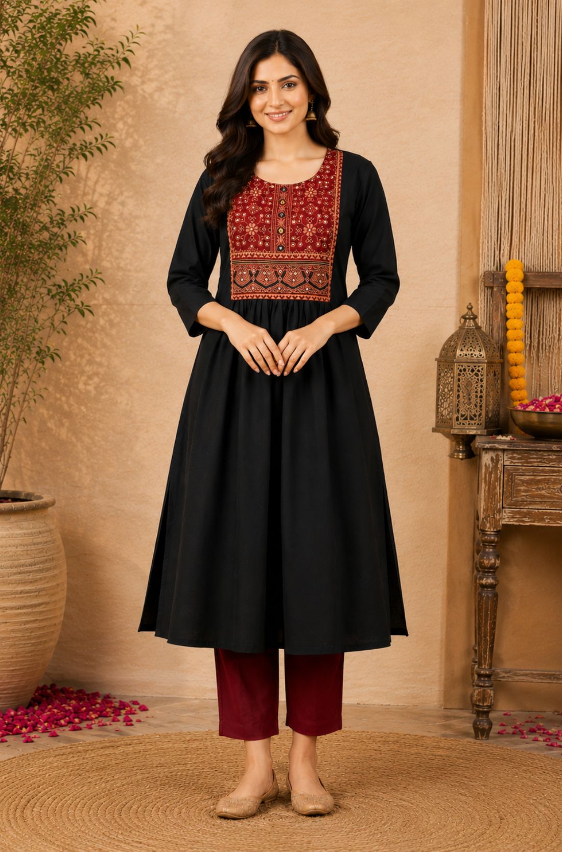 Black Rayon A-LBlack rayon A-line kurta with hand embroidery, block print and mirror work, full front viewine Kurta – Flared Hem View
