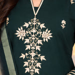 Bottle green Aari embroidered silk blend kurta set for women with detailed neckline embroidery