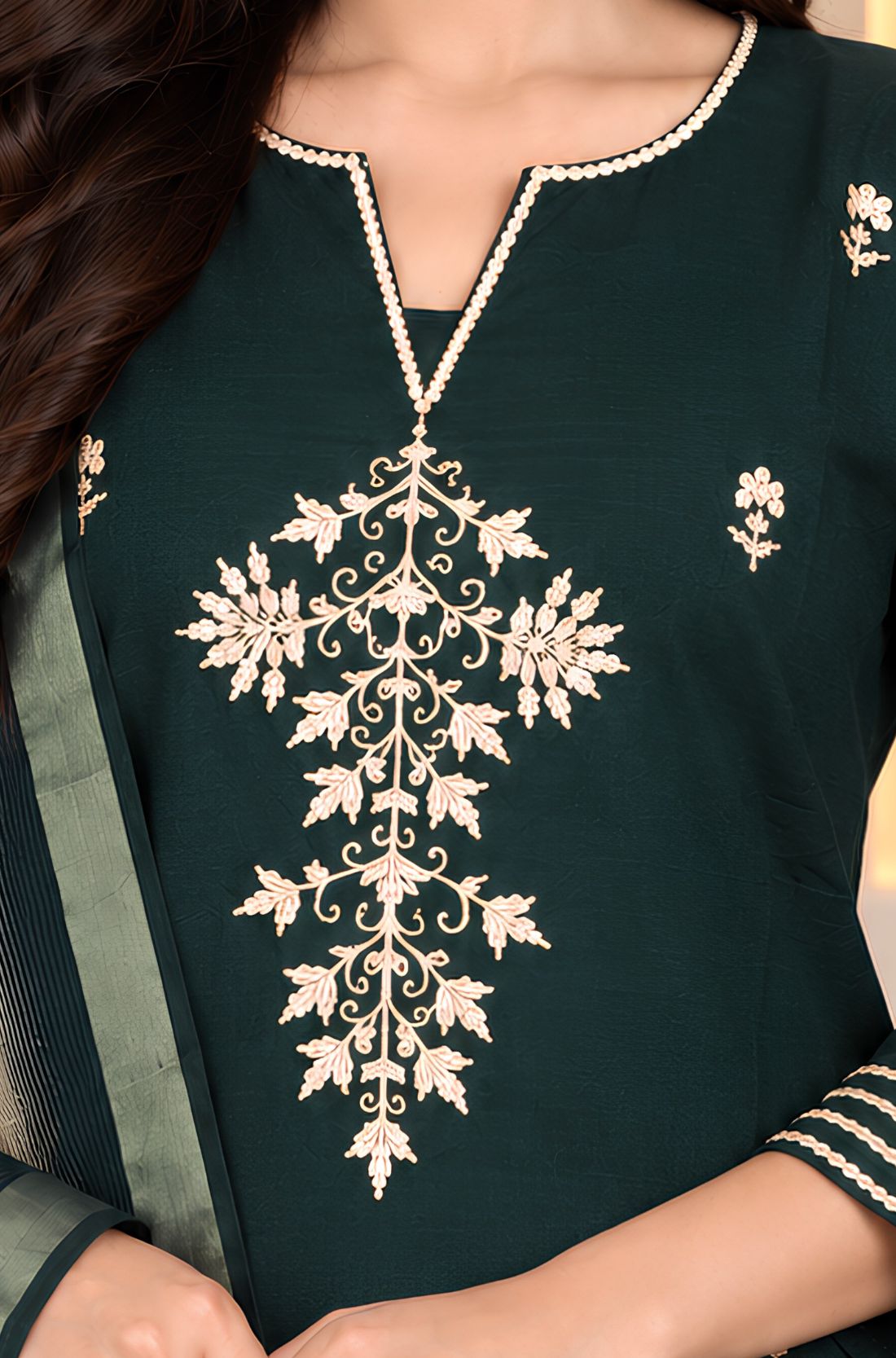 Bottle green Aari embroidered silk blend kurta set for women with detailed neckline embroidery