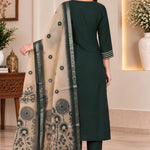 Back view of bottle green silk blend kurta pant set for women with printed Chanderi dupatta