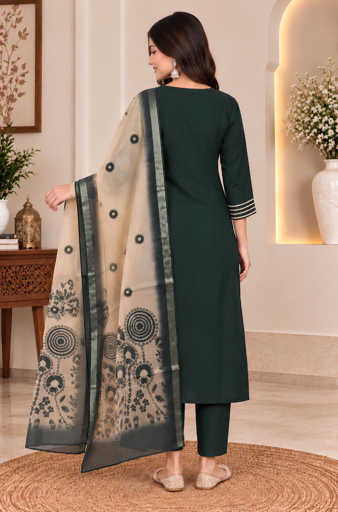 Back view of bottle green silk blend kurta pant set for women with printed Chanderi dupatta