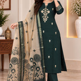 Bottle green silk blend kurta pant set for women with embroidered kurta and Chanderi dupatta