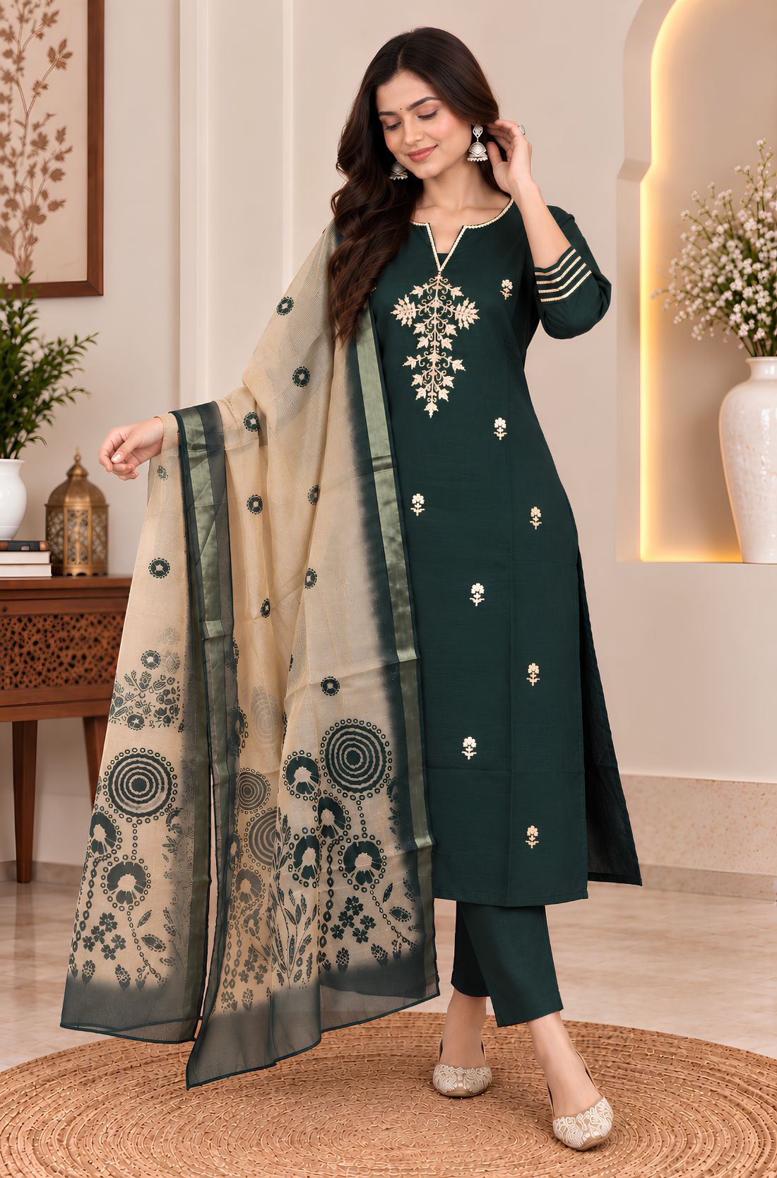 Bottle green silk blend kurta pant set for women with embroidered kurta and Chanderi dupatta