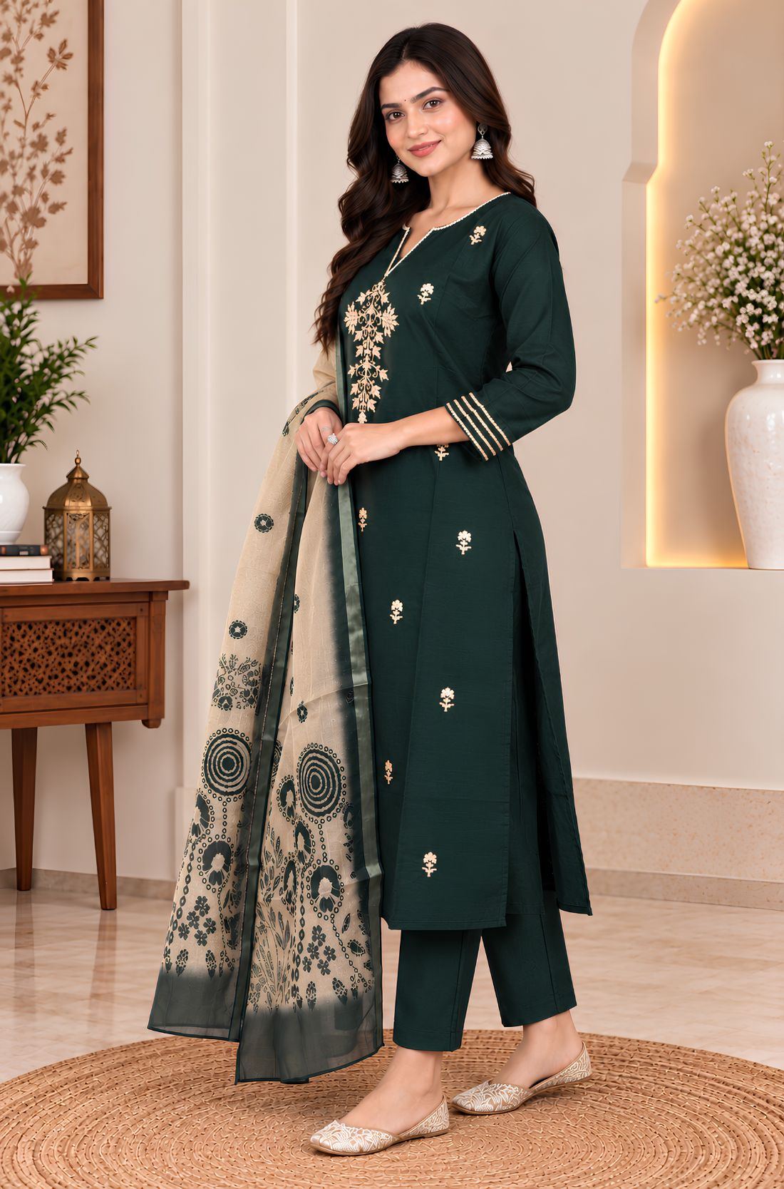 Bottle green straight kurta pant set for women with Aari embroidery and Chanderi dupatta