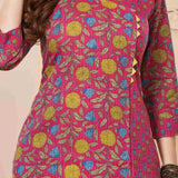 Bright pink floral pure cotton kurta set for women with Kantha-style threadwork and printed detailing