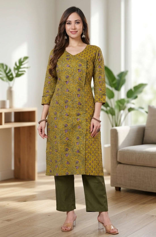 Mustard cotton floral kurta set with pocketed straight pant front view