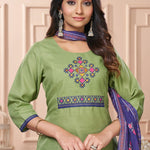 Detailed close up macro shot of the traditional multicolor floral cross stitch embroidery patterns surrounding the split crew neckline of a light green cotton kurta