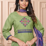 Detailed close up macro shot of the traditional multicolor floral cross stitch embroidery patterns surrounding the split crew neckline of a light green cotton kurta