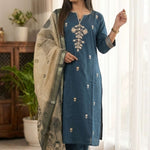 Full length front view of the straight-fit dark blue silk embroidered kurta set showcasing the complete traditional attire