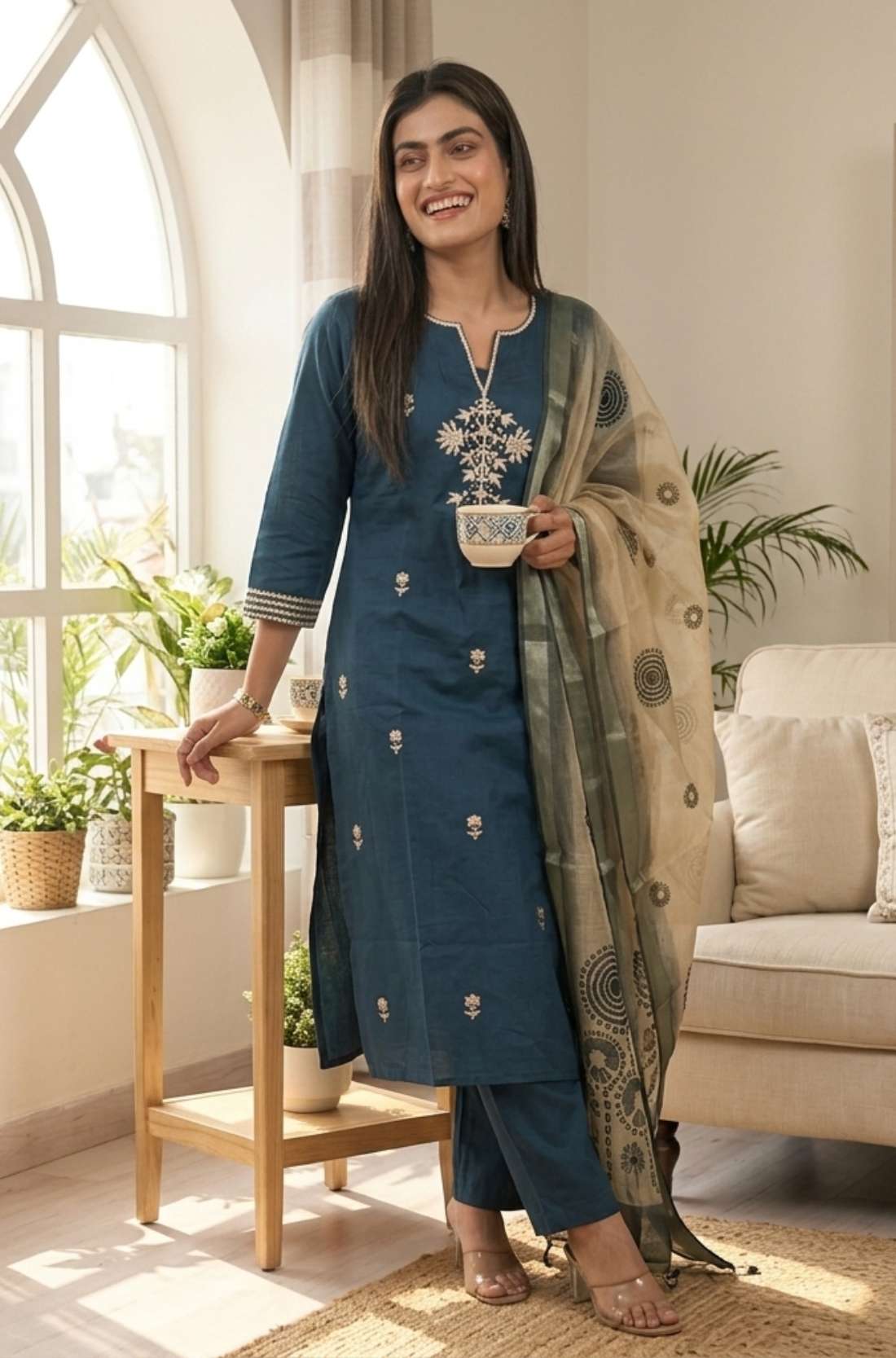 Angled view of a woman posing in a luxurious dark blue silk kurta set displaying the intricate pattern of the orange dupatta
