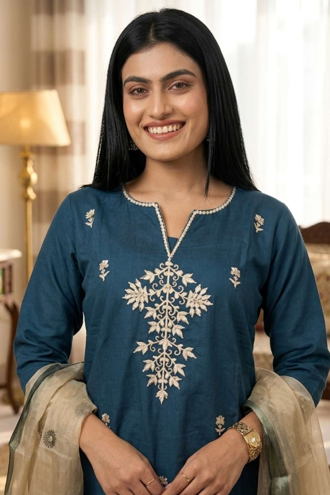 Detailed close-up shot of a premium dark blue silk kurta featuring intricate white aari work embroidery on the split-V neckline and front bodice, paired with an elegant chanderi dupatta.