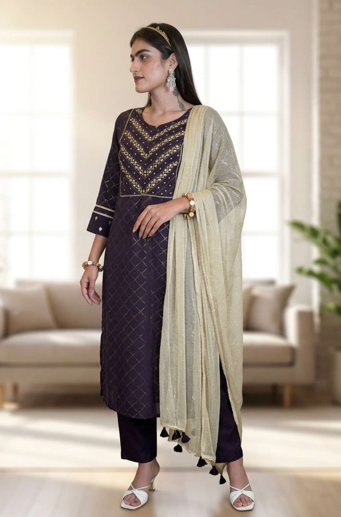 Side profile view of a woman wearing a dark purple crepe ethnic suit showcasing the clean fall of the straight pants and styled printed dupatta