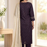 Back view of the straight fit dark purple crepe embroidery suit showing the clean back neckline and the drape of the matching printed dupatta