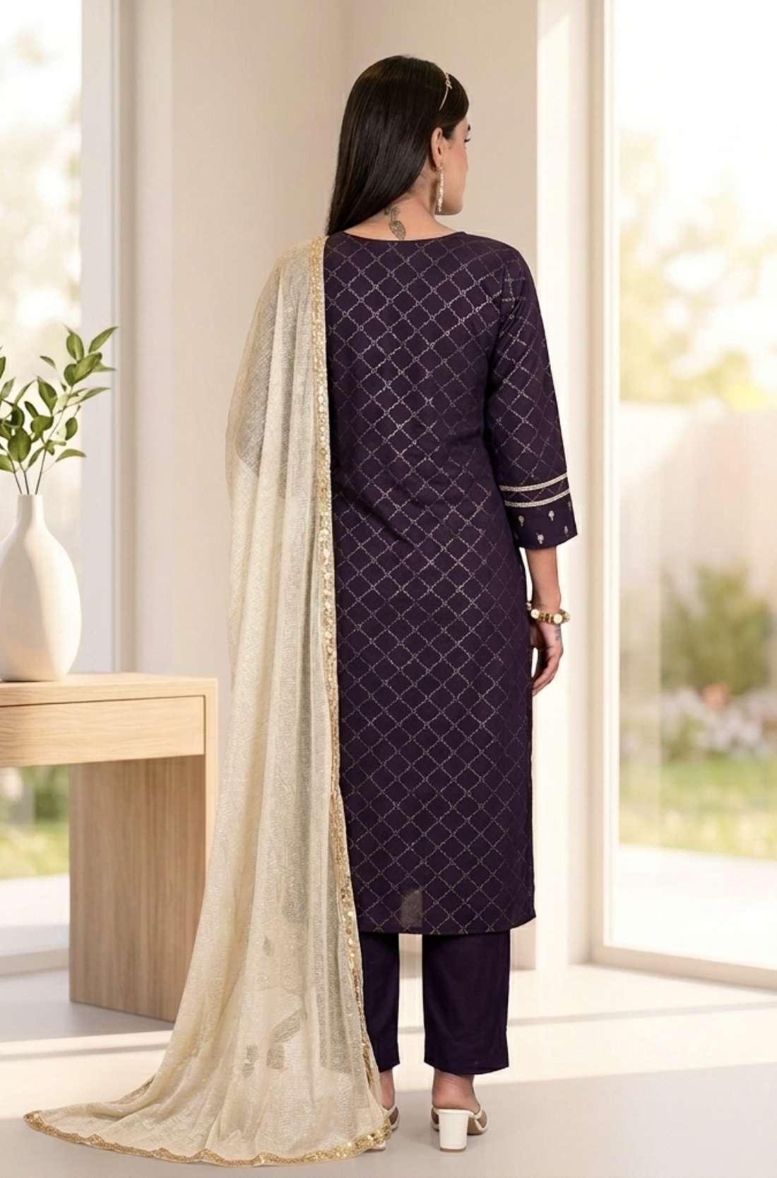 Back view of the straight fit dark purple crepe embroidery suit showing the clean back neckline and the drape of the matching printed dupatta
