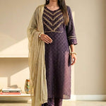 Front full length view of a model in a luxury dark purple crepe hand embroidered suit set with matching pants and an elegant printed dupatta