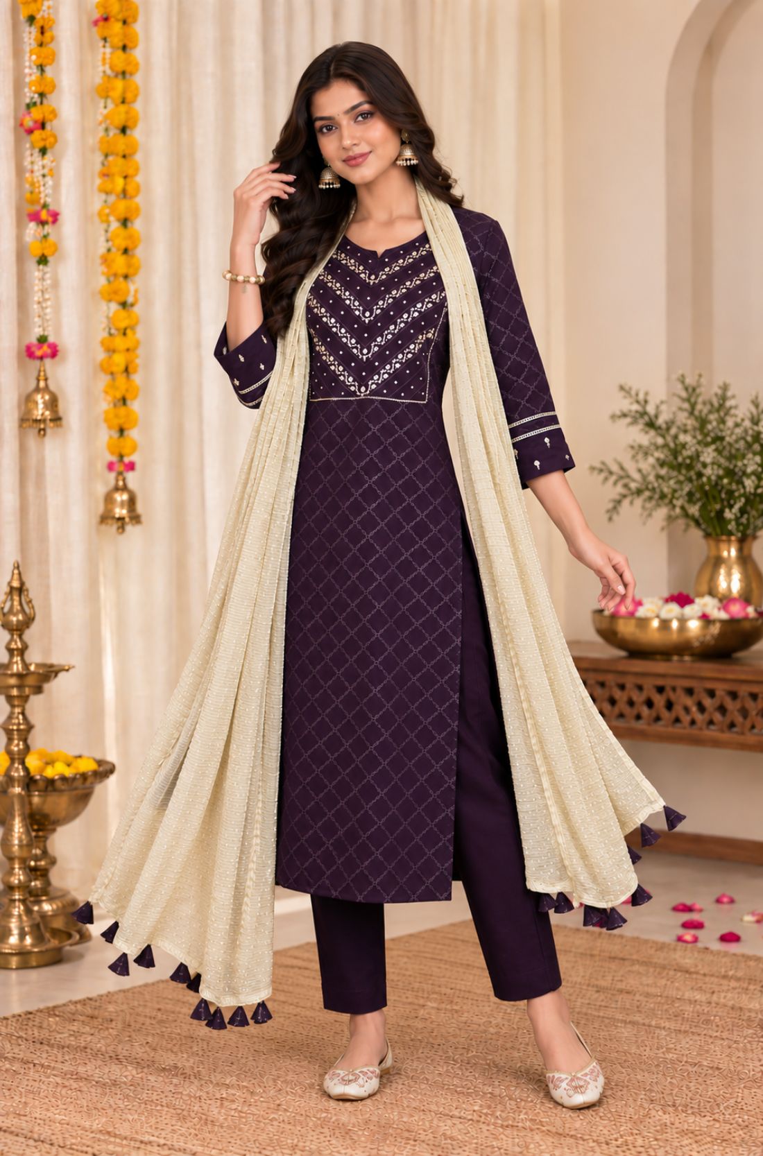Full-length front view of a model in a free-style pose wearing a dark purple embroidered straight kurta set with a beige draped dupatta and matching trousers.