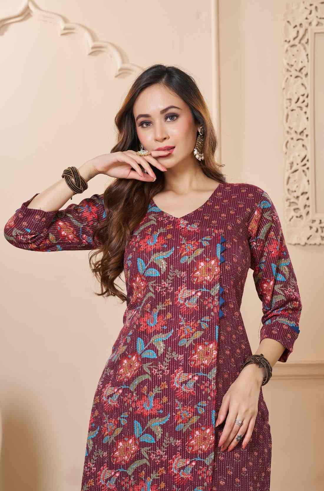 deep mudberry floral cotton kurta with Kantha-style threadwork, V-neck and three-quarter sleeves, shown in a front close-up.