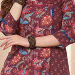 Deep mudberry floral pure cotton kurta set for women with Kantha-style threadwork and printed detailing