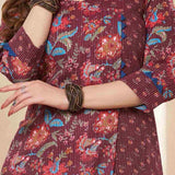 Deep mudberry floral pure cotton kurta set for women with Kantha-style threadwork and printed detailing