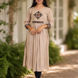 Embroidered beige A-line rayon kurta with cross stitch yoke and 3/4 sleeves, front view