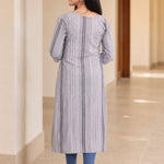 Back view of grey striped A-line cotton kurta with 3/4 sleeves