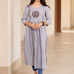 Grey A-line cotton kurta with circular embroidery and 3/4 sleeves, front view