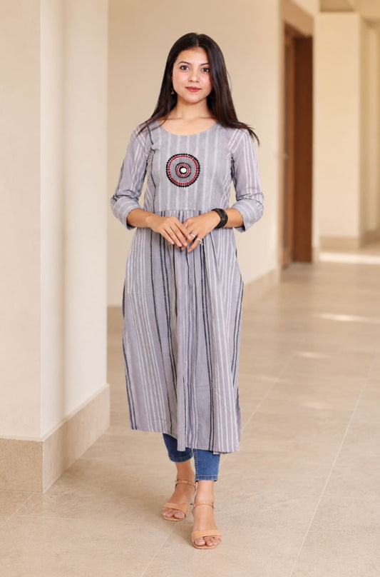 Grey A-line cotton kurta with circular embroidery and 3/4 sleeves, front view