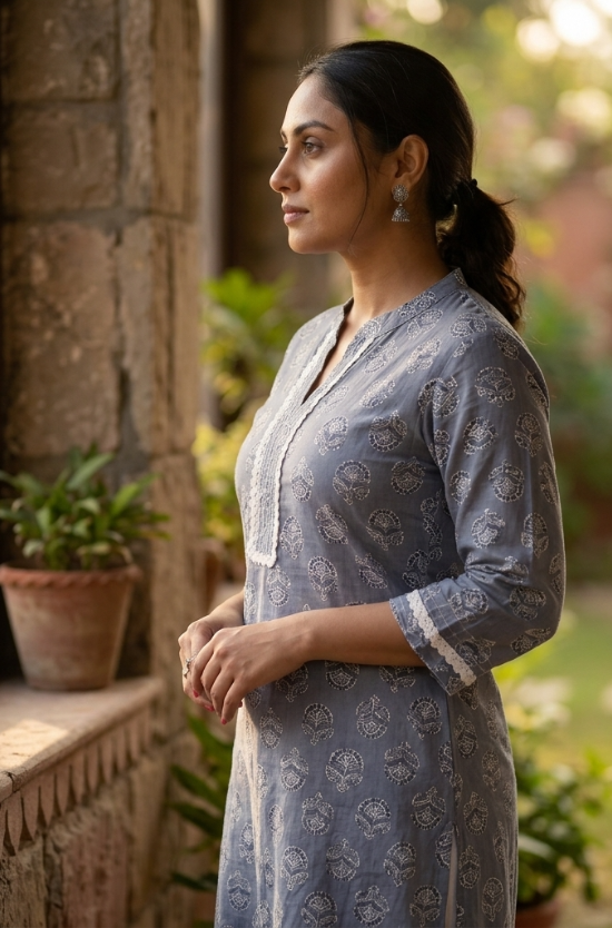 A side-profile portrait of a woman standing near a stone wall, modeling a grey-blue printed ethnic kurta.