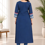 Full-length back view showing the solid blue back and printed sleeve cuffs of the Indigo pure cotton kurti.