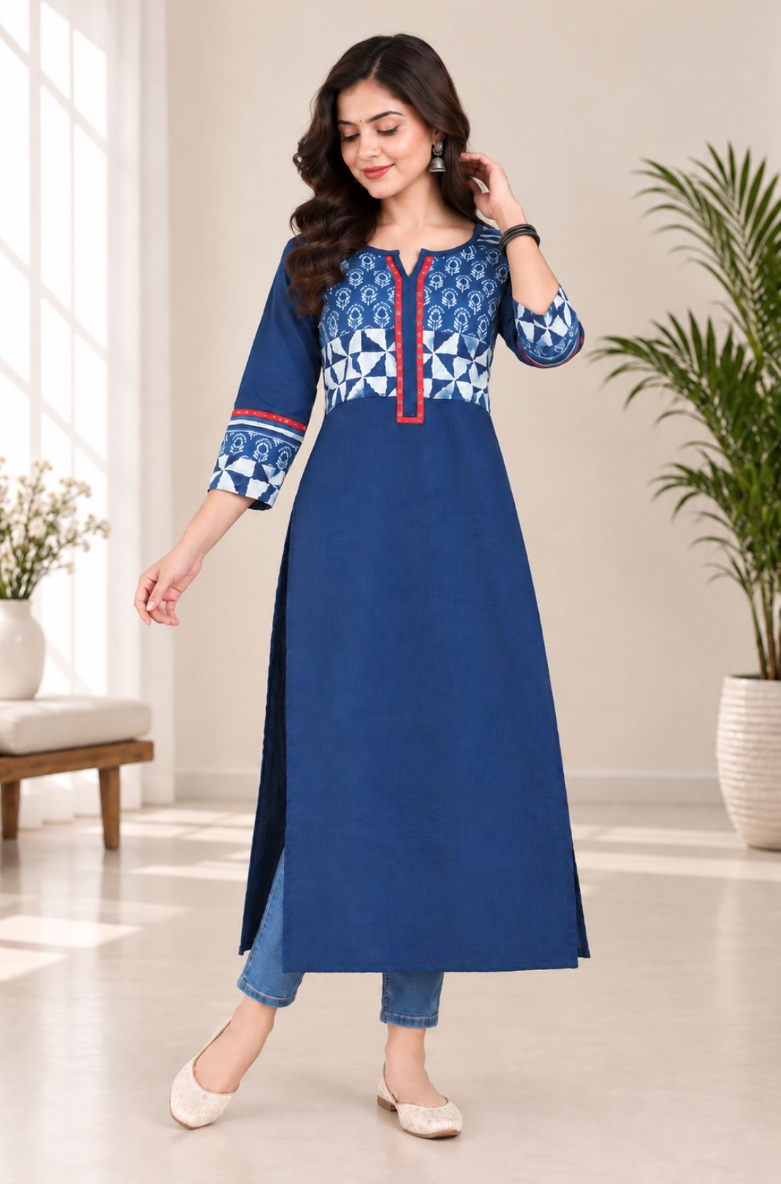 Model in a dynamic walking pose presenting the full length and drape of the Indigo pure cotton printed kurti paired with blue jeans.