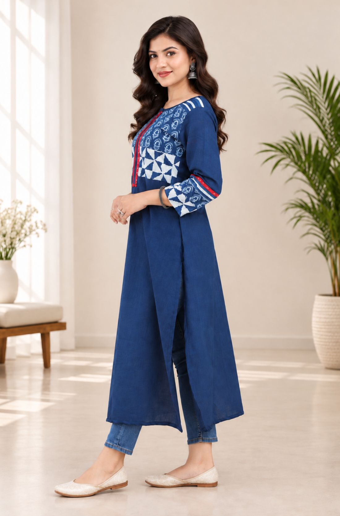 Side view of a model demonstrating the fit, side slit, and three-quarter sleeve details of the blue Indigo cotton kurti.