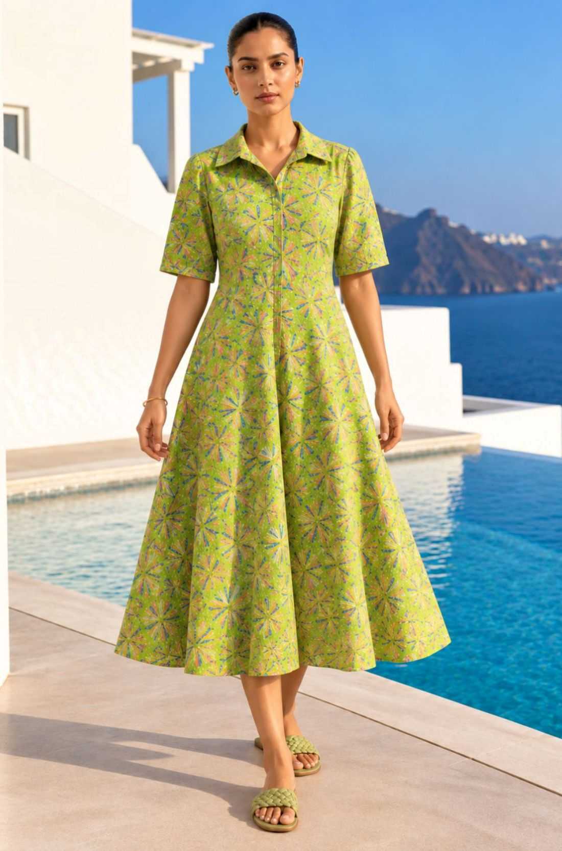 Full-length front view of a model wearing a light green Jaipur floral print pure cotton frock-style kurti midi dress.