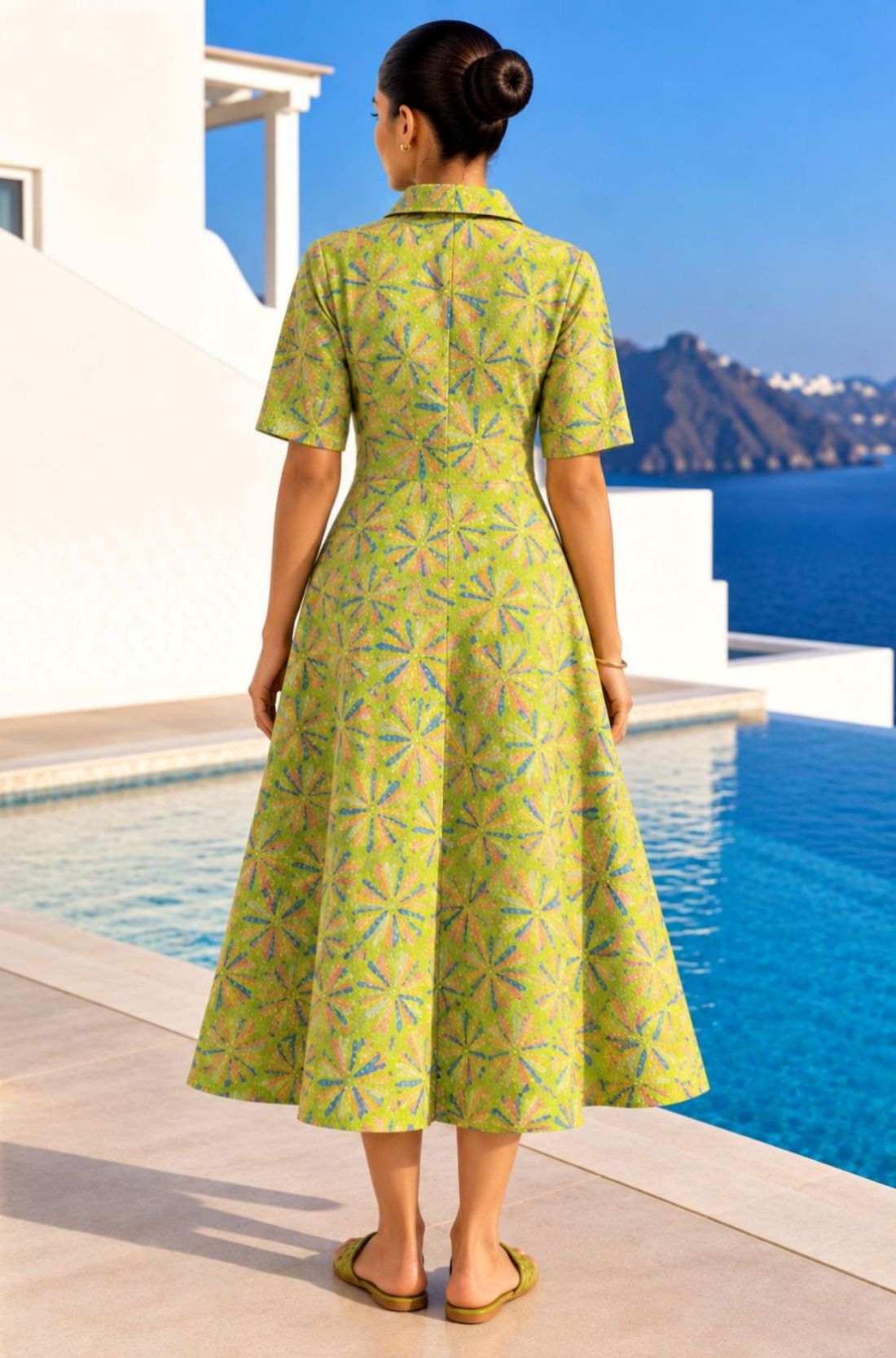 Full-length back view showing the A-line silhouette and fit of the light green pure cotton frock-style kurti.