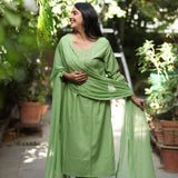 Light Green Embroidered Kurta Set with Dupatta Front View Flaring Dupatta.